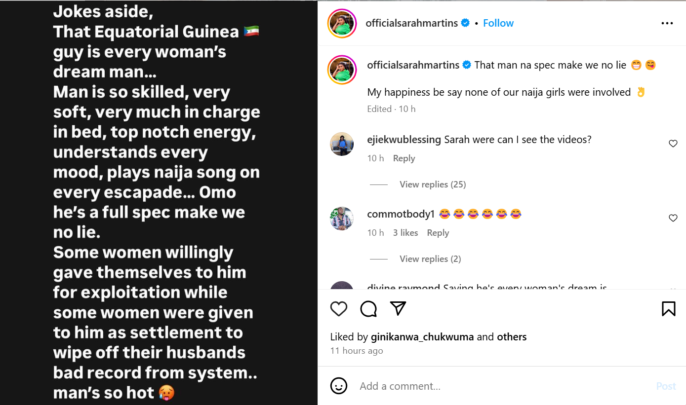 Man is skilled, very soft and very much in charge - Actress Sarah Martins praises Equatorial Guinea