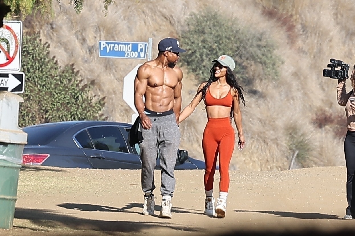 Jonathan Majors shows off ripped physique as he goes on morning walk with fianc�e Meagan Good (photos)